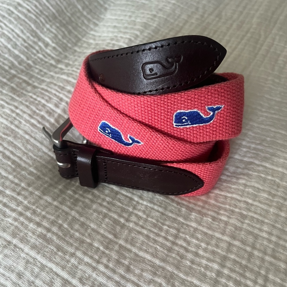 Vineyard Vines Pink Whale Embroidered Kids Belt with Brown Leather Trim
